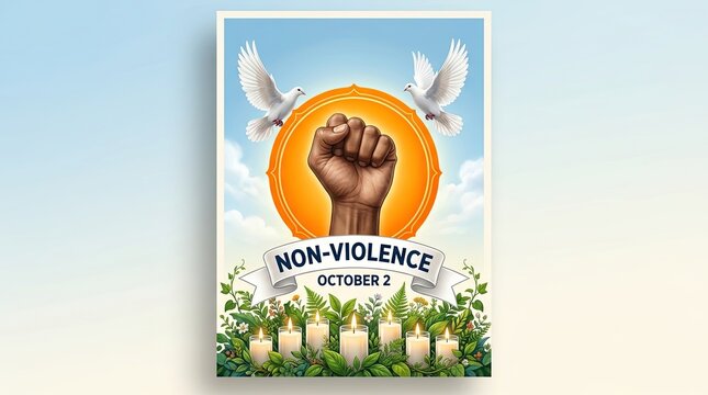 Poster advocating for nonviolence with a raised fist and doves in flight