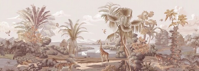 Obraz premium Exotic Panoramic Tropical Palm River Giraffe Leopard Off White