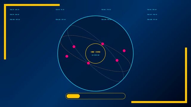 A digital operator interface shows a spinning atomic core structure cycling through light blue and vibrant magenta particles within a dark navy blue computer screen display