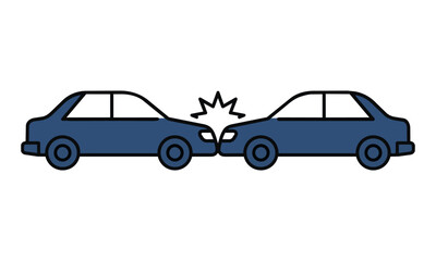 Fototapeta premium Minimalist icon of two sedan cars in a minor bumper to bumper collision with an impact symbol isolated on white background. Car insurance concept