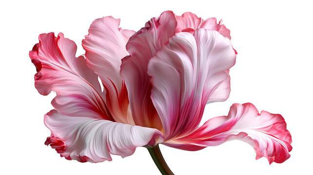 Tulip plant with vibrant colorful flowers and fresh green leaves, isolated PNG on transparent background