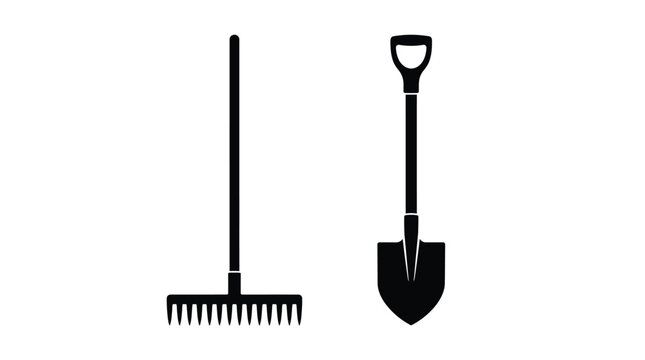 Garden rake and shovel silhouette icons isolated on a solid white background for agricultural graphic design