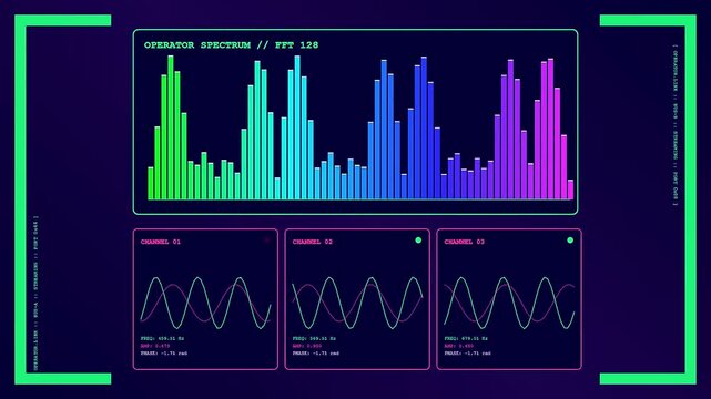 a glowing digital operator interface displays rhythmic audio waveforms and frequency bars moving across a dark screen captured in a dynamic computer generated monitor view