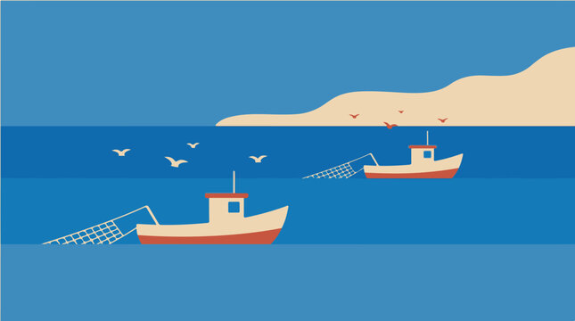 Minimalist vector illustration of fishing boats trawling with nets in the blue ocean near coastline