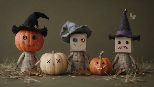 Handmade halloween dolls made of burlap fabric with pumpkin heads and wooden block faces wearing witch hats on a dark background
