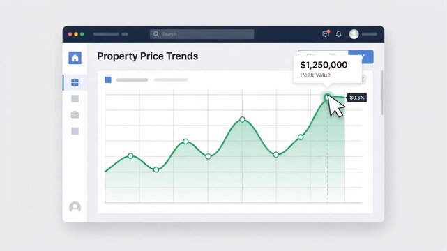 digital dashboard displays a rising property price trend line graph set against a clean minimalist ui interface on a computer screen for real estate market analysis and financial monitoring