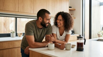 Obraz premium Expressing Love and Understanding Through Genuine Human Connection, A couple shares a joyful moment together in a cozy kitchen, enjoying coffee and laughter.