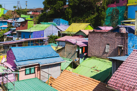 Vibrant Multicolored Rooftops and Painted Houses at Kampung Warna Warni Jodipan Rainbow Village in Malang East Java Indonesia