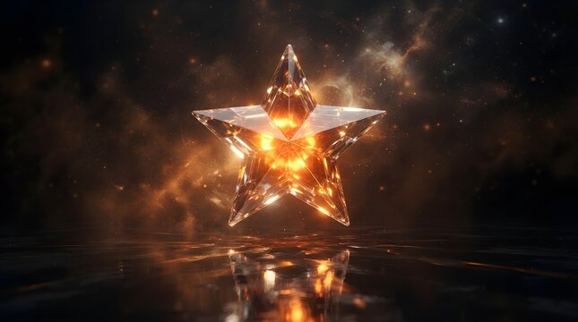 Glowing golden crystal star floating above reflective dark water surface featuring brilliant interior illumination and shimmering sparkles within deep space
