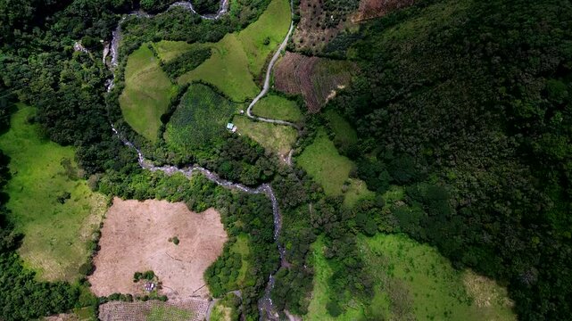Top Down Aerial View of Patchwork Farmland and River in Ecuador Mountain Valley, Green Forest Edge and Rural Andean Countryside