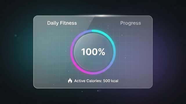 digital fitness progress bar with a loading percentage inside a glass-morphism interface element against a dark minimalist abstract grid background representing health data tracking technology