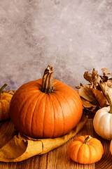 Rustic autumn pumpkins with dried leaves on wooden table