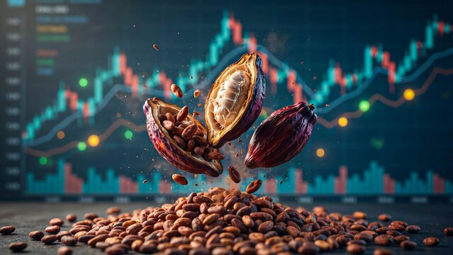 Coffee beans with a roasted cup surrounded by financial market charts and trading data