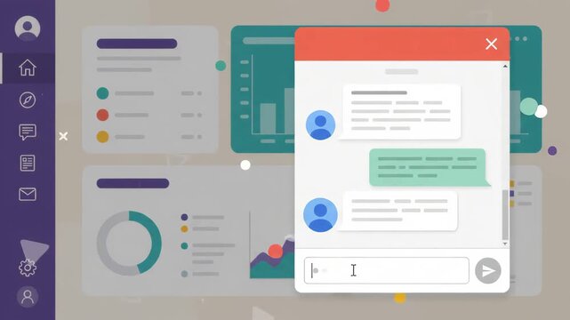 digital messaging window is open for user interaction on a computer screen displayed over a business dashboard background with various charts graphs and navigation sidebars
