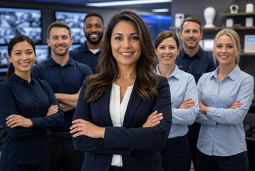 Fototapeta premium Home security manager leads diverse residential security team in modern operations office, highlighting alarm systems, monitoring services, smart home protection and customer support.