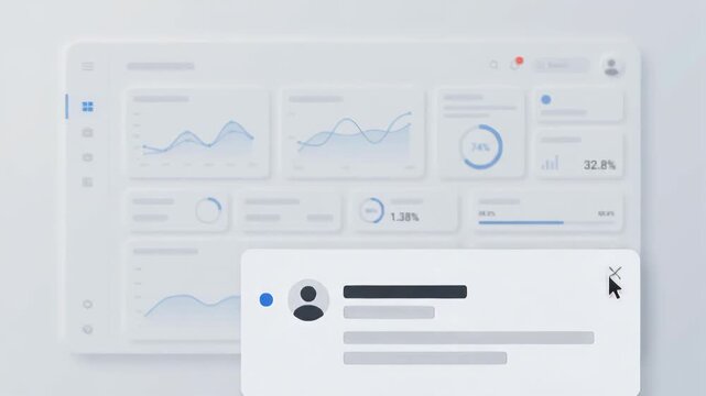 digital cursor clicks the close button on a popup notification window displayed over a clean minimalist user interface dashboard featuring various analytical charts and data visualization elements