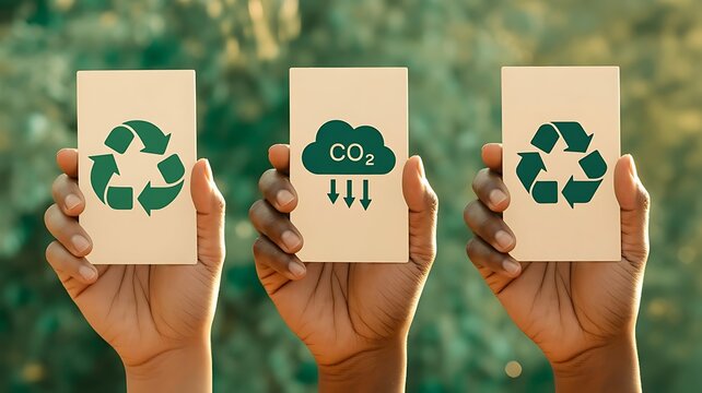 Three hands holding cards with green recycling and carbon reduction symbols against a blurred natural background, representing environmental awareness