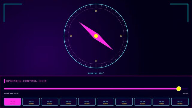 A digital operator interface shows circular compass dials with glowing pink needles rotating across three separate screens displayed in a dark room environment for flight navigation