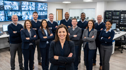 Fototapeta premium Home security manager leads diverse residential security team in modern operations office, highlighting alarm systems, monitoring services, smart home protection and customer support.