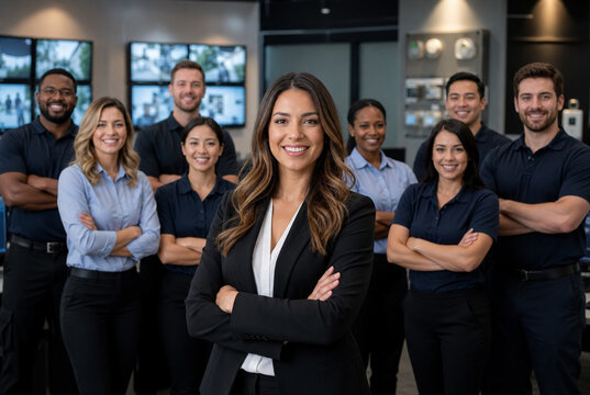 Home security manager leads diverse residential security team in modern operations office, highlighting alarm systems, monitoring services, smart home protection and customer support.