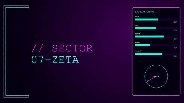 A digital operator interface displays shifting biometric data metrics with glowing neon progress bars and circular graphical readings animated across a deep purple abstract virtual space