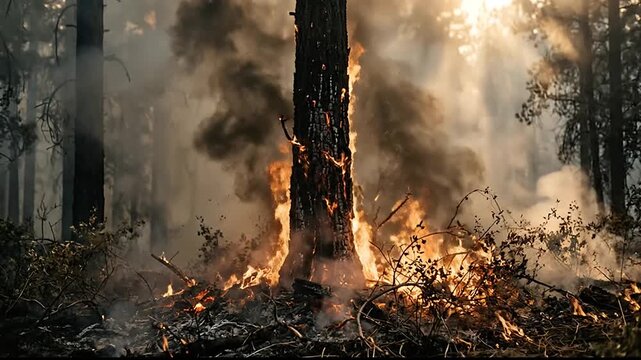 Intense forest fire destruction amid smoke and burning trees in a dense woodland scene