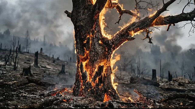Vivid depiction of a burning tree amid a scorched landscape showing the destructive power of wildfire in a post-disaster