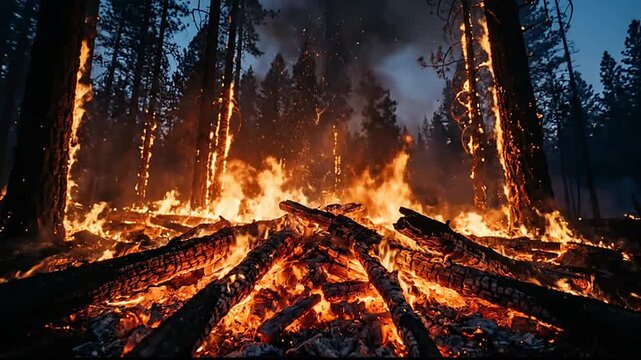 Forest Fire Burning Rapidly in a Dense Forest During Night Timelapse