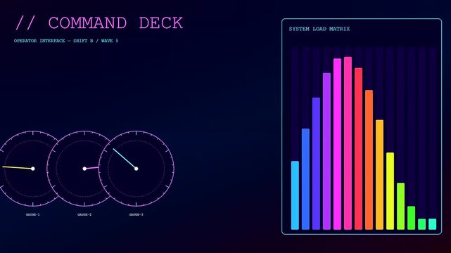 A digital operator interface shows fluctuating bar charts and circular gauge indicators within a dark screen display featuring motion graphics shifting through changing color patterns