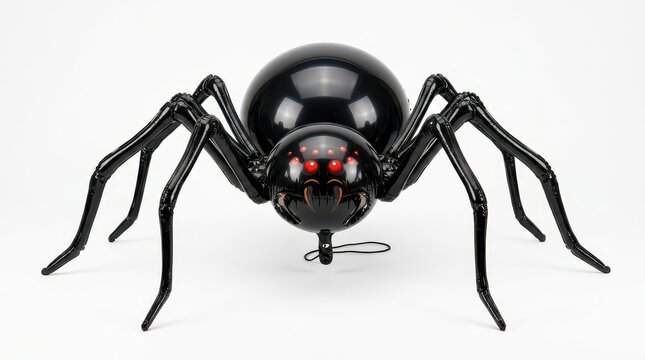 Glossy black spider robot with glowing red eyes, futuristic mechanical arachnid toy, sleek robotic insect on white background