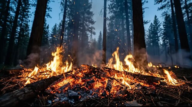 intense forest fire spreading rapidly among tall trees creating hazardous conditions in wilderness