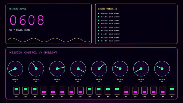 A digital operator interface display showing shifting numerical values and oscillating waves on dark screens with animated gauge indicators monitoring complex systems during a continuous process