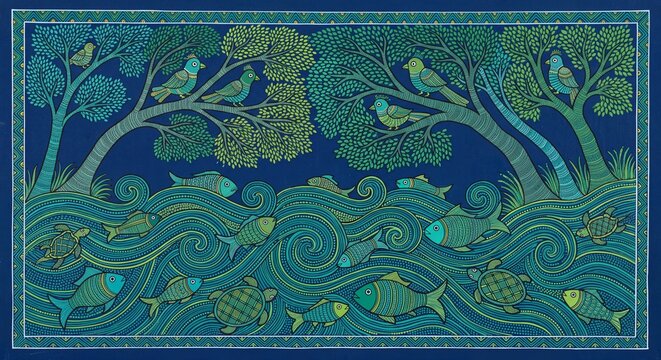 Monsoon river in flood with fish and birds in Gond tribal art