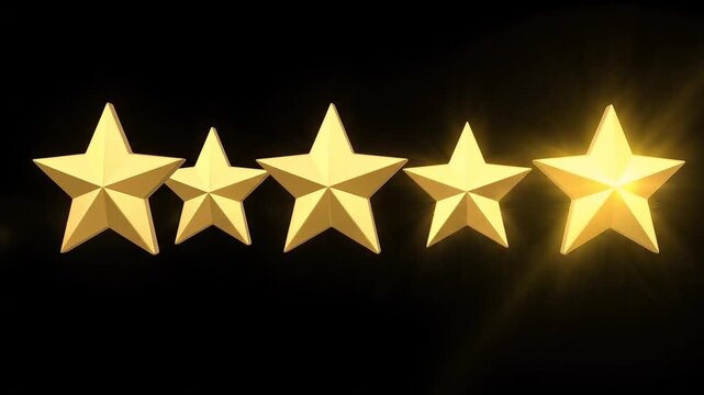 Four golden glowing 3d stars customer rating and review concept