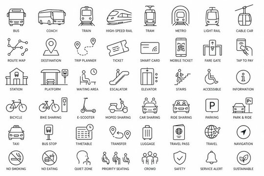 Transport icons grid with public transit and travel symbols