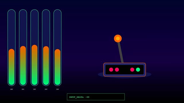 Digital operator interface displays shifting vertical bar graphs and mechanical levers in a dark virtual environment with neon indicators representing changing numeric values and active system flow