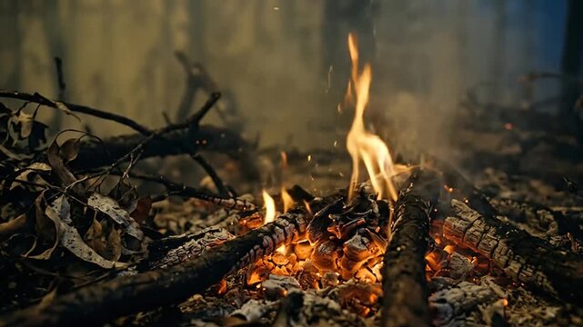 detailed close-up of small campfire with burning wood and glowing embers in a forest setting