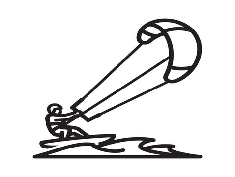 Hand holding kite surfing control bar with waves and wind vector line art illustration