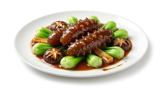 Braised sea cucumber served with bok choy and shiitake mushrooms