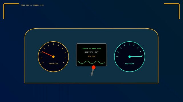 A digital operator interface display showing shifting gauge needles and fluctuating wave patterns within a dark cockpit environment during a simulated sequence for transportation monitoring systems