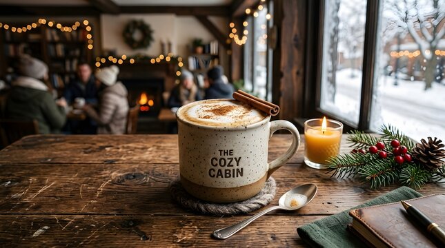 Cozy cabin coffee mug on rustic wooden table. Winter cafe interior with fireplace. Warm holiday atmosphere in a mountain lodge.