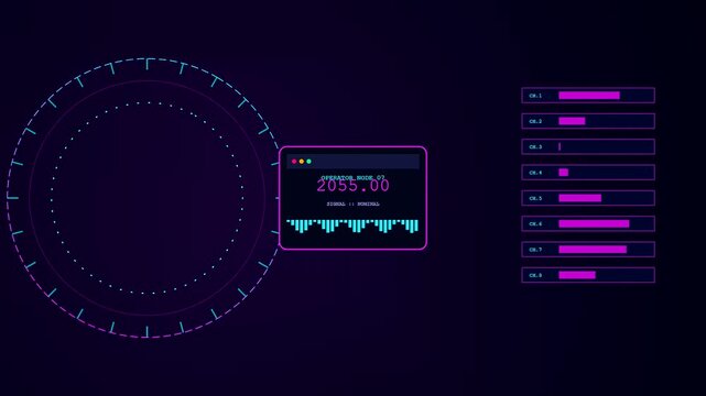 A digital operator interface displays shifting neon graphical data bars and circular waveforms across a dark purple screen illustrating modern virtual monitoring system visual metrics