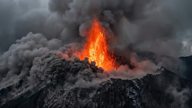 Volcanic eruption with ash and lava flowing down the mountain's steep slopes capturing nature's power