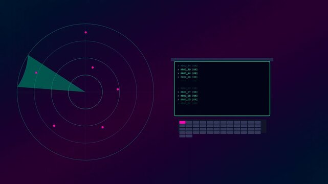 A digital operator interface shows rotating radar beams scanning empty space as lines of code stream across computer terminals in this animated motion graphic sequence