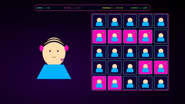 An operator interface displays dynamic user icon grids on a dark purple screen showing active status updates during a routine digital session in this animation