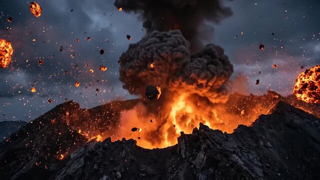 Volcanic Eruption with Explosive Lava and Smoke Rising Over Mountain Range