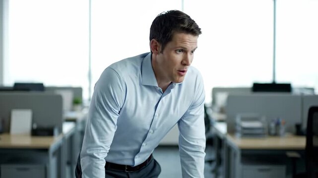 Business men stand in the office, while working men lean over to communicate