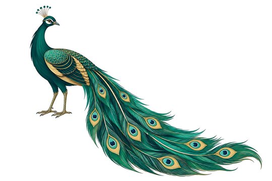 Ornamental peacock with flowing teal tail and golden feather eyespots