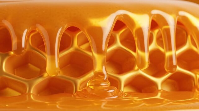 Macro view of glowing golden sweet honeycomb hexagon geometric pattern