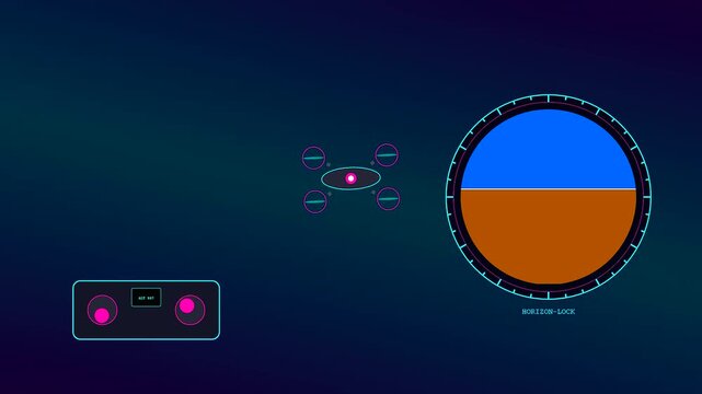a digital operator interface shows flight path indicators and circular dials glowing in neon pink and cyan colors set against a dark deep gradient space screen